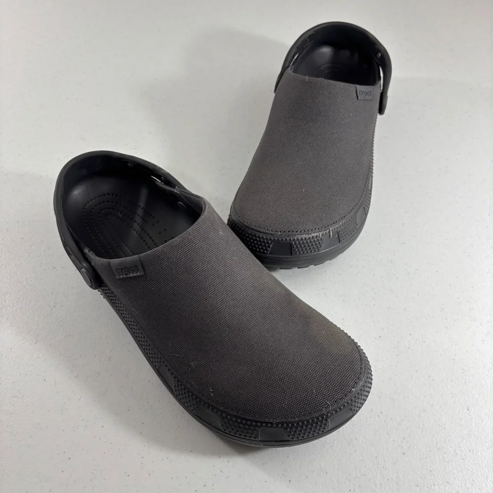 Crocs Classic Crafted Clogs Mens 12 Black Canvas Textile Upper Strap Shoes EUC!